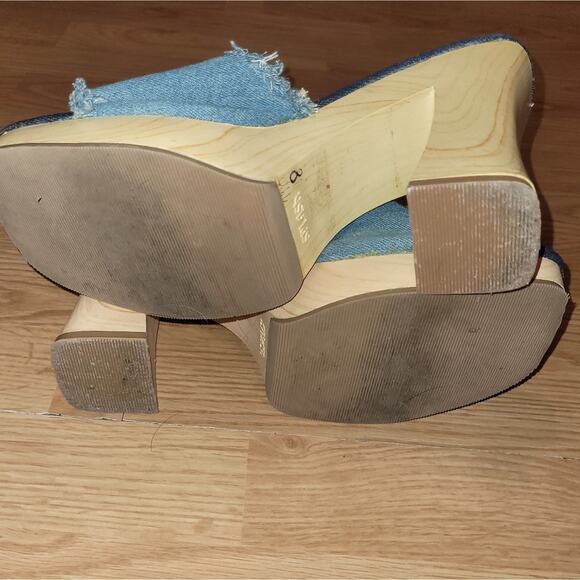 Vintage Womens 90s Y2K Denim Sandals Wood Wedge 4" Heels Size 8 Splash - Picture 8 of 10